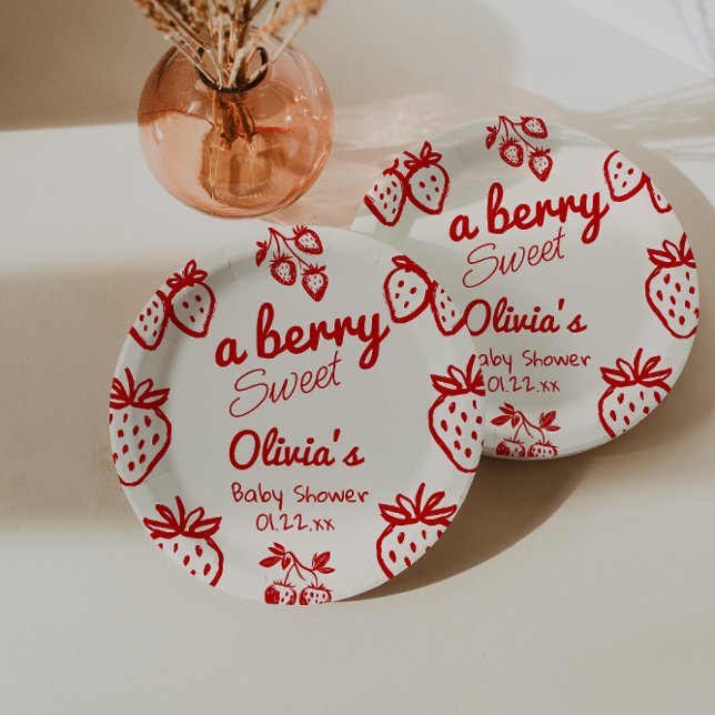 A Berry Sweet Hand Drawn Strawberries Baby Shower Paper Plates (Creator Uploaded)