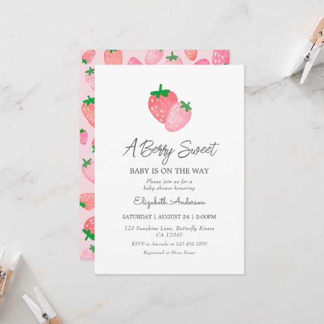 A Berry Sweet Strawberry Baby Shower Invitation (Front/Back In Situ)