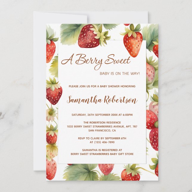 A Berry sweet Watercolor Strawberry Baby Shower Invitation (Front)