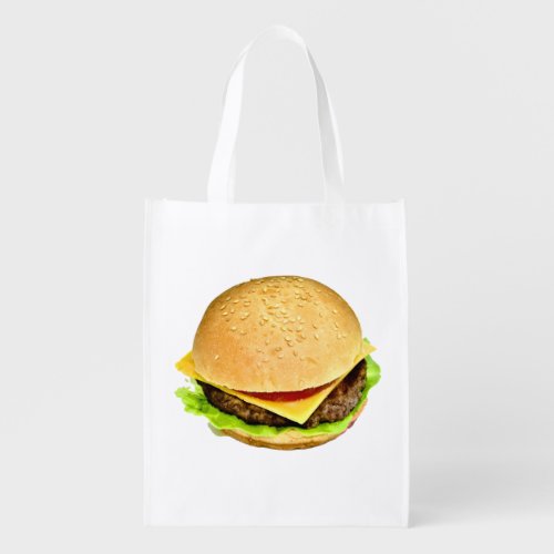 A Big Juicy Cheeseburger on a Seasame Seed Bun Reusable Grocery Bag