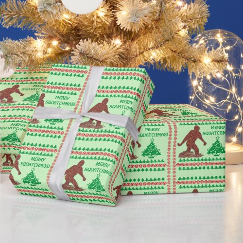 A Bigfoot Walking Merry Squatchmas Green Holiday Wrapping Paper