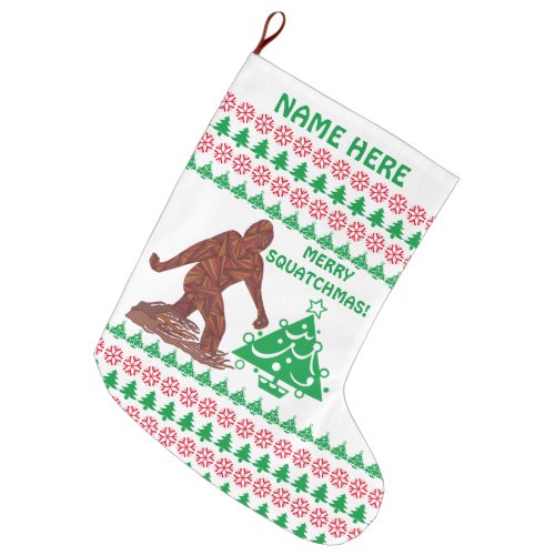 A Bigfoot Walking Merry Squatchmas Personalized Large Christmas Stocking