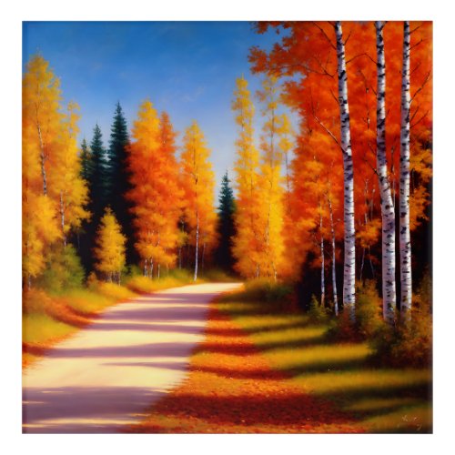 A birch tree lined driveway in autumn acrylic print