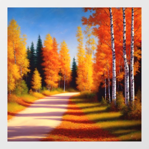 A birch tree lined driveway in autumn window cling