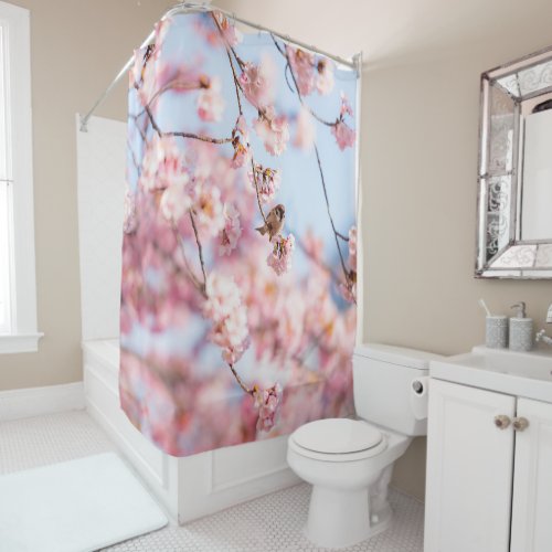 A Bird Sitting On Cherry Blossom Branches  Shower Curtain