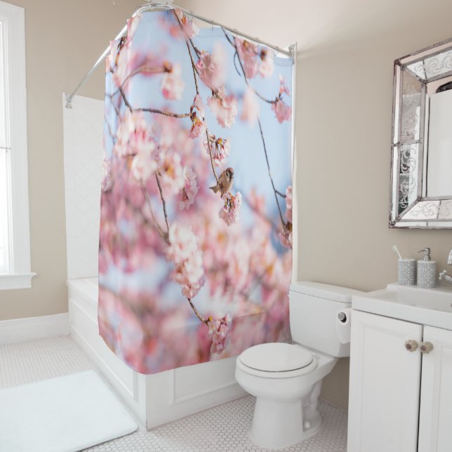 A Bird Sitting On Cherry Blossom Branches  Shower Curtain (In Situ)