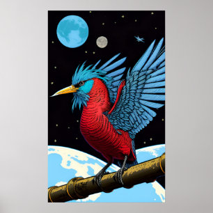 A bird with a stick in space poster