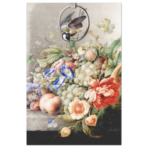 A BIRD WITH FLOWERS AND FRUIT FINE ART PAINTING TISSUE PAPER
