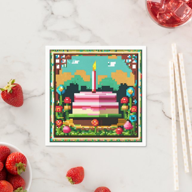 A birthday cake in pixel art napkins (Insitu)