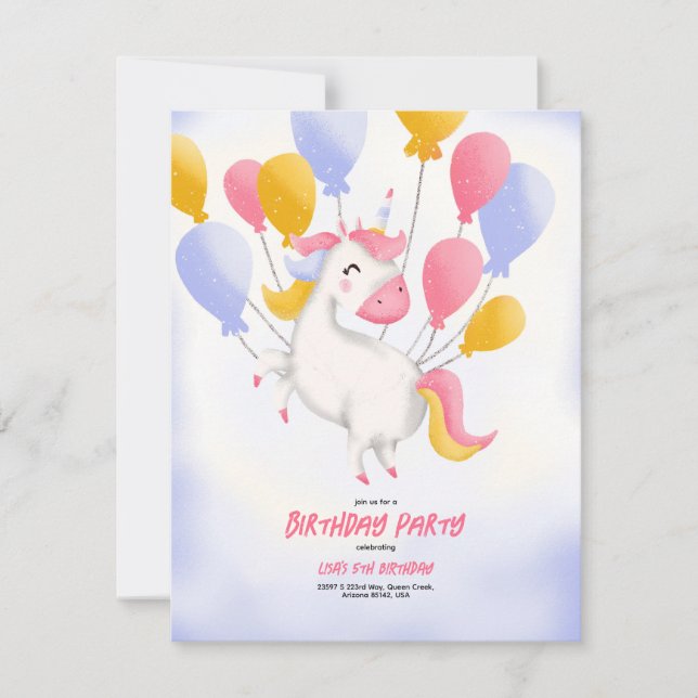 A birthday invitation with a unicorn. (Front)