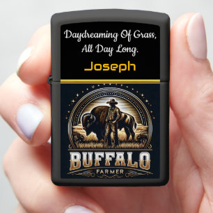 A Bison Farmer Stands Proudly in Golden Fields Zippo Lighter