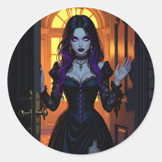 A Black and Purple Witch | Halloween Classic Round Sticker (Front)
