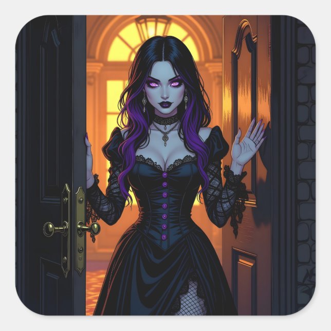 A Black and Purple Witch | Halloween Square Sticker (Front)