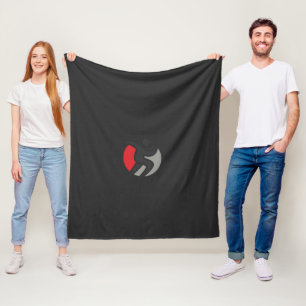 a black and red logo with a person in the center fleece blanket