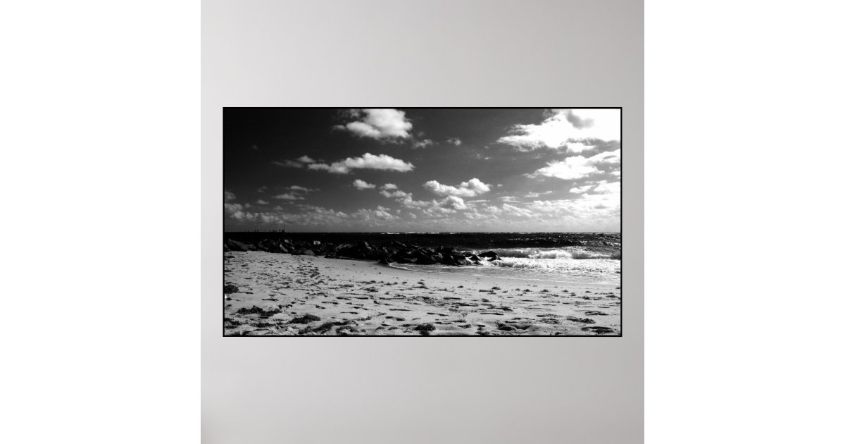 black and white beach scene