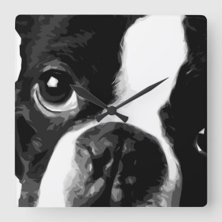 A black and white Boston terrier Square Wall Clock