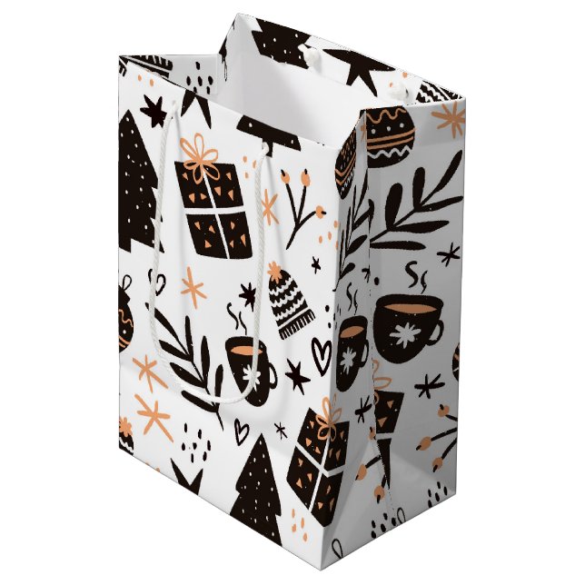 A Black and White Christmas Pattern Medium Gift Bag (Front Angled)