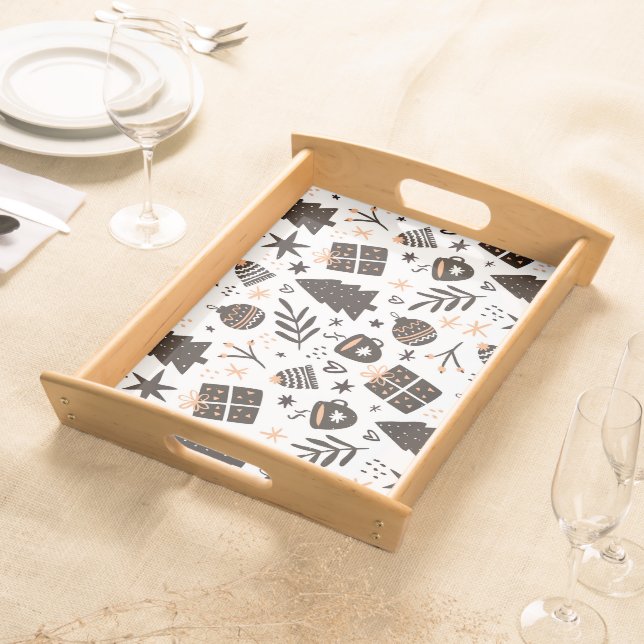 A Black and White Christmas Pattern Serving Tray (Front)
