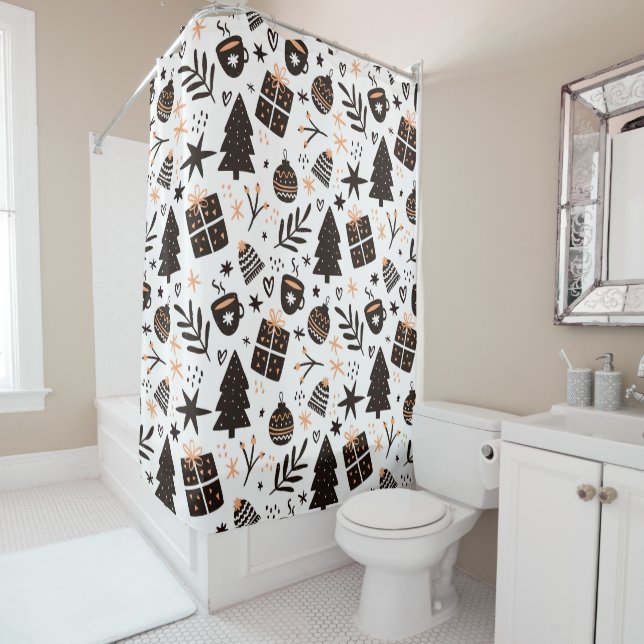 A Black and White Christmas Pattern Shower Curtain (In Situ)