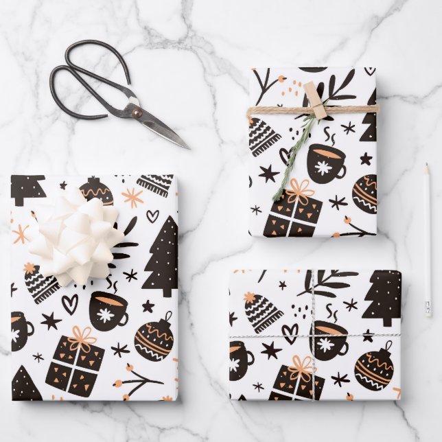 A Black and White Christmas Pattern Wrapping Paper Sheets (Front)