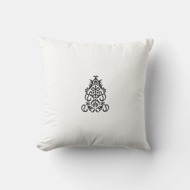a black and white image of an ornate design throw pillow (Front)