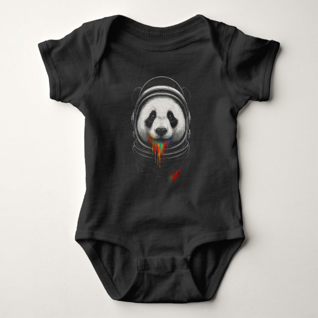 A black and white panda bear wearing a space suit baby bodysuit (Front)