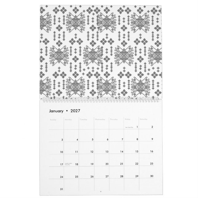 a black and white pattern with a white background calendar (Jan 2027)