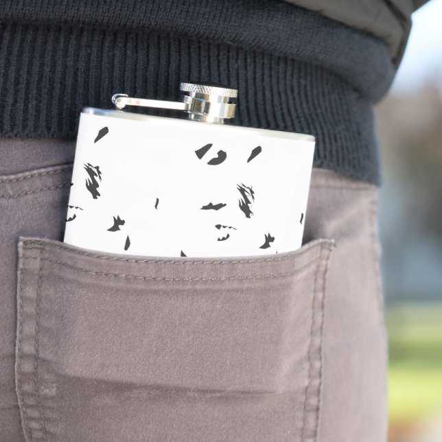 a black and white photo of a flock of birds flask (In Situ)