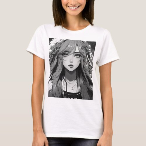 A black and white picture of an anime girl in long T_Shirt