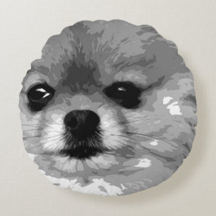 A black and white Pomeranian Round Pillow