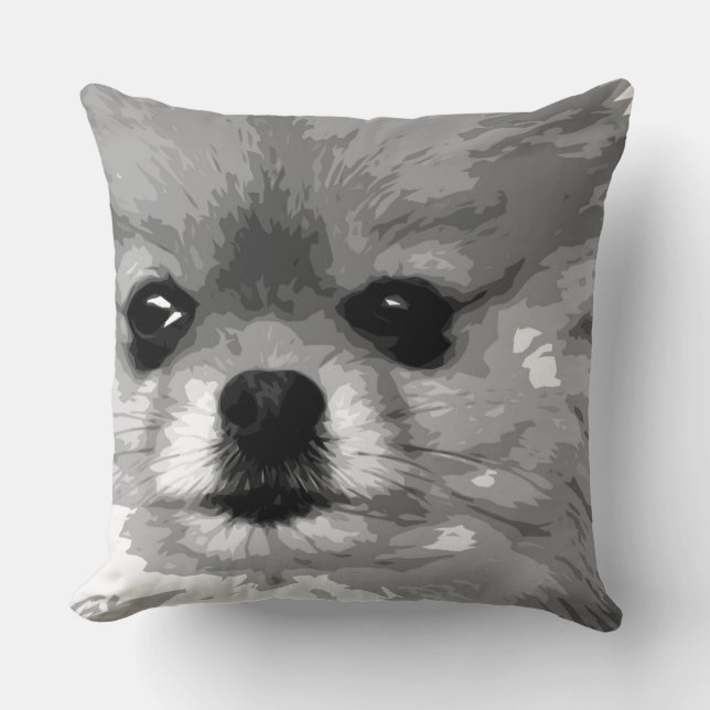 A black and white Pomeranian Throw Pillow (Front)