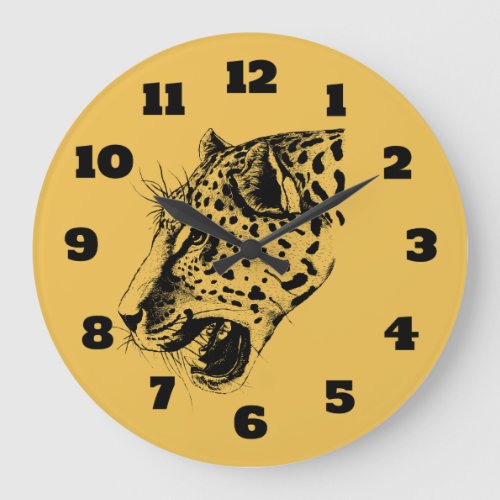 A Black and Yellow Hand Drawn Leopard Illustration Large Clock