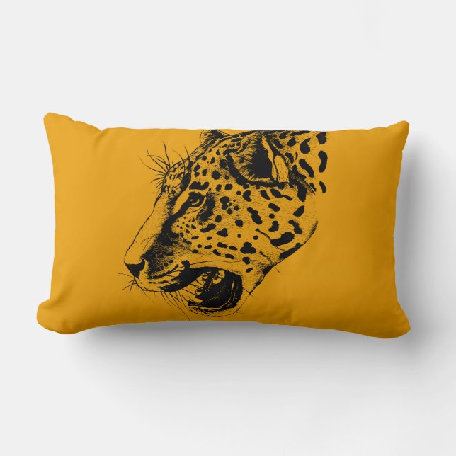 A Black and Yellow Hand Drawn Leopard Illustration Lumbar Pillow (Front)