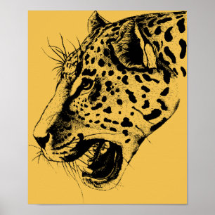 A Black and Yellow Hand Drawn Leopard Illustration Poster