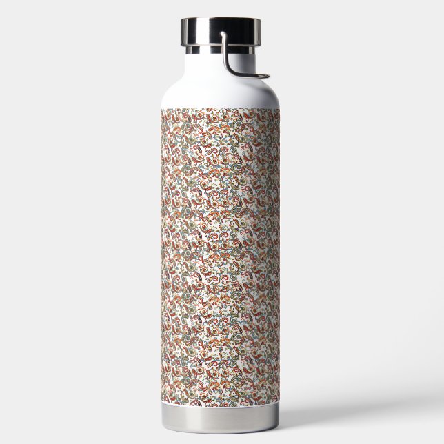 a black background with a red, green and blue patt water bottle (Left)