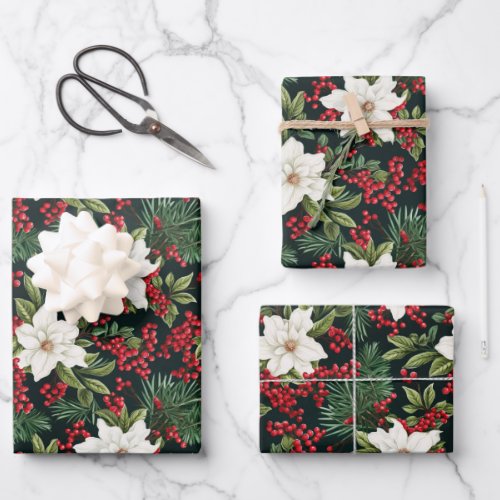 A black background with white flowers and red berr wrapping paper sheets
