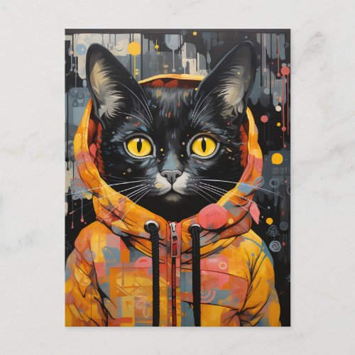 A Black Cat in a Colorful Jacket Postcard