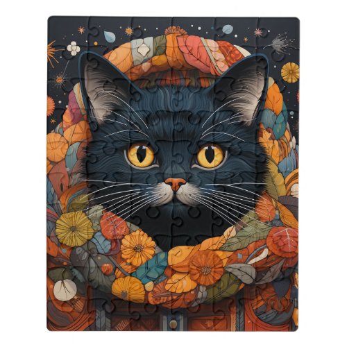 A Black Cat in a Floral Sweater Jigsaw Puzzle