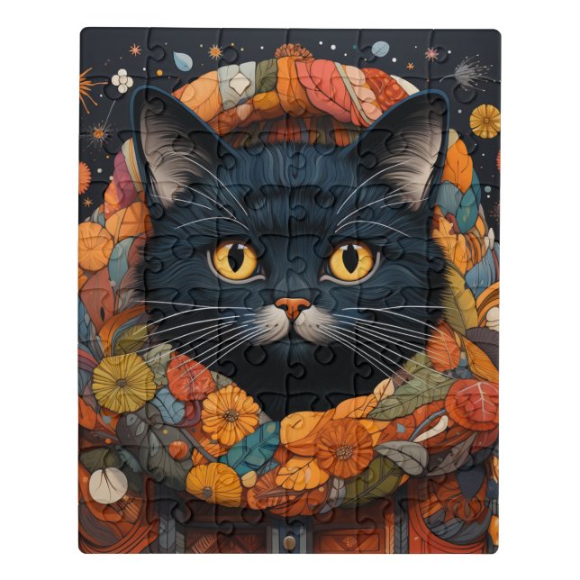 A Black Cat in a Floral Sweater Jigsaw Puzzle (Puzzle Vertical)