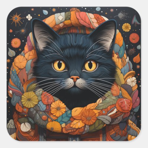 A Black Cat in a Floral Sweater Square Sticker