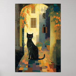 A Black Cat in Mediterranean Village Poster