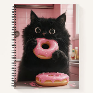 A black cat is holding pink doughnuts in its paws notebook