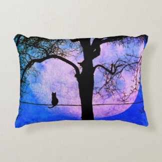 A Black Cat on a Wire Full Moon Accent Pillow