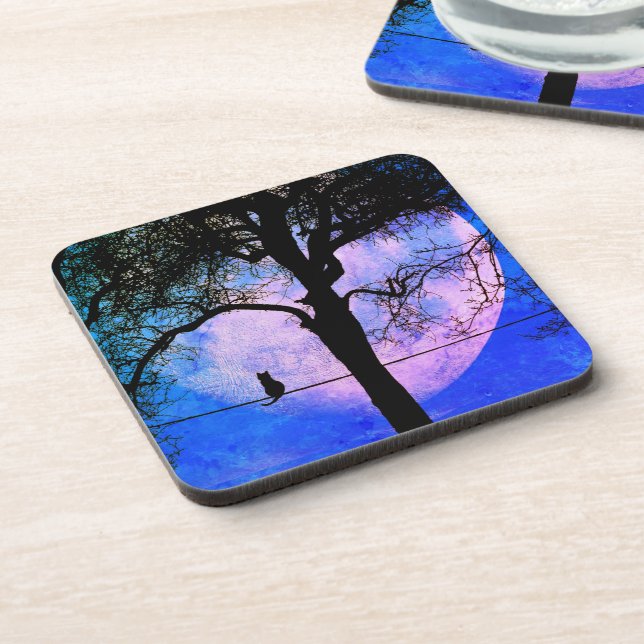 A Black Cat on a Wire Full Moon Beverage Coaster (Left Side)