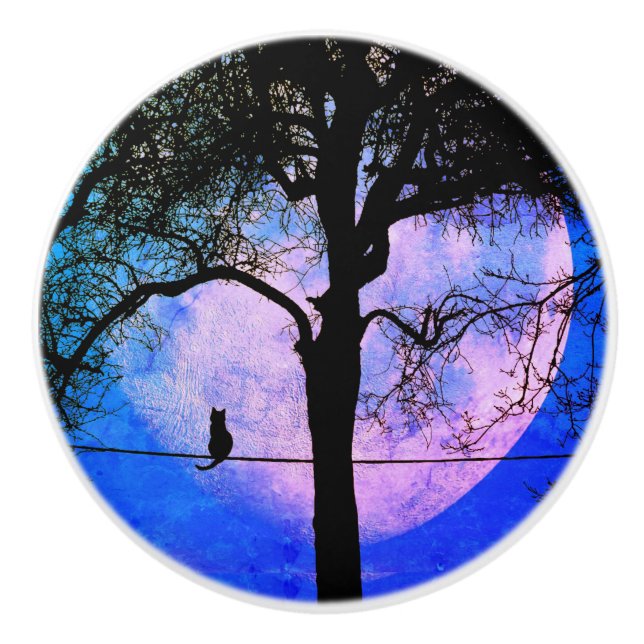 A Black Cat on a Wire Full Moon Ceramic Knob (Front)