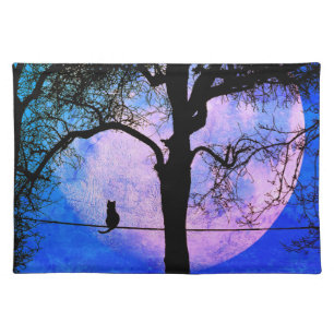 A Black Cat on a Wire Full Moon Cloth Placemat