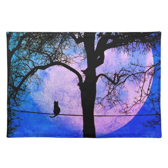 A Black Cat on a Wire Full Moon Cloth Placemat (Front)
