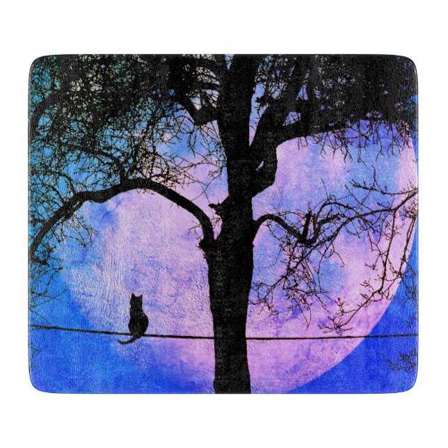 A Black Cat on a Wire Full Moon Cutting Board (Front)