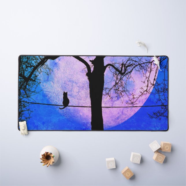 A Black Cat on a Wire Full Moon Desk Mat (Kids Table)