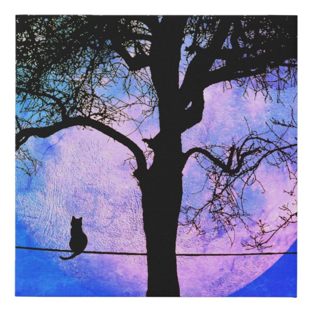 A Black Cat on a Wire Full Moon Faux Canvas Print (Front)